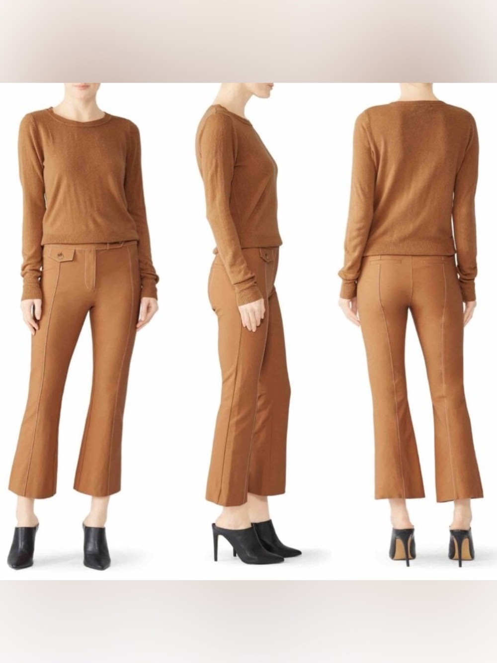 Derek Lam 10 Crosby Camel Flared Trousers Contrast Stitch Size 6 Cotton Cropped - Picture 16 of 16